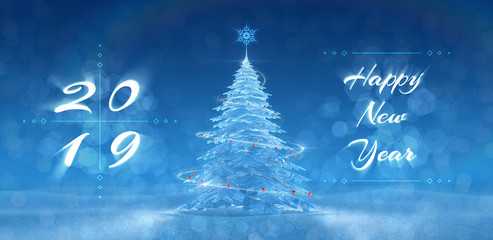 'Happy New Year - 2019' Festive Design. Greeting card created on the basis of typescript and 3D rendering graphics.