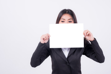 woman holding white blank paper cover her face
