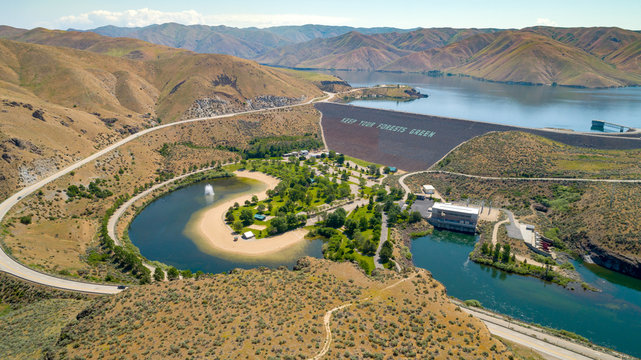 Aerial view of Lucky Peak in the summer with a full reservoir