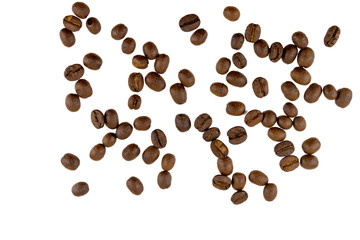 close up of medium or dark roasted coffee beans isolated on white background, can be used as a background or graphic object in your ads.
