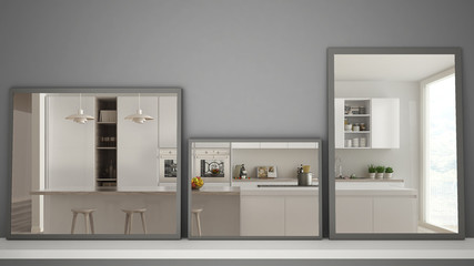 Three modern mirrors on shelf or desk reflecting interior design scene, contemporary modern kitchen, minimalist white architecture interior design
