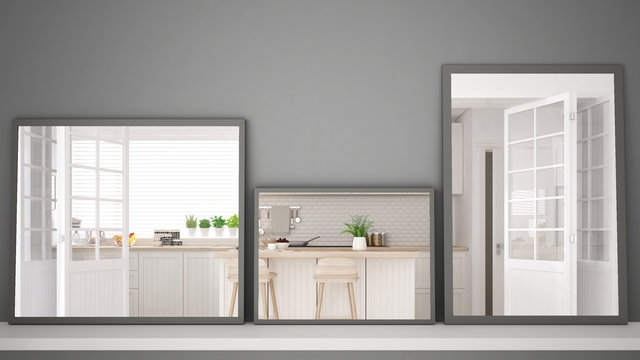 Three modern mirrors on shelf or desk reflecting interior design scene, scandinavian contemporary kitchen, minimalist white architecture interior design