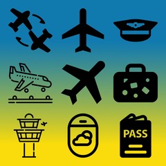 Vector icon set  about airport with 9 icons related to vehicle, urban, aeroplane, brown and terminal