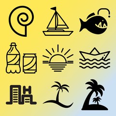 Obraz premium Vector icon set about sea with 9 icons related to sail, bed, jungle, carbonated and animal