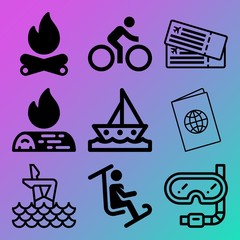 Vector icon set  about adventure with 9 icons related to sitting, mountain, ski, biker and white