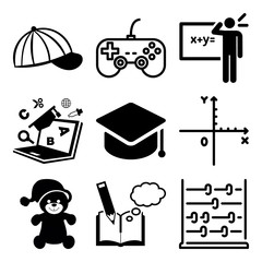 Vector icon set  about education with 9 icons related to learn, sketch, hobbies, point and bookshelf