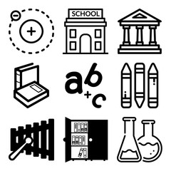 Vector icon set  about education with 9 icons related to writing, biology, preschool, dna and bookshelf