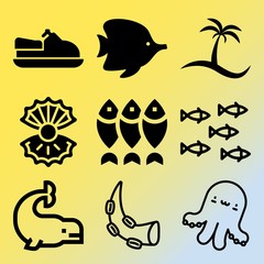 Vector icon set  about sea with 9 icons related to outdoor, shell, squirrel, retro and white