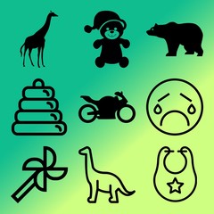 Vector icon set  about baby with 9 icons related to tired, celebration, herbivore, grass and female