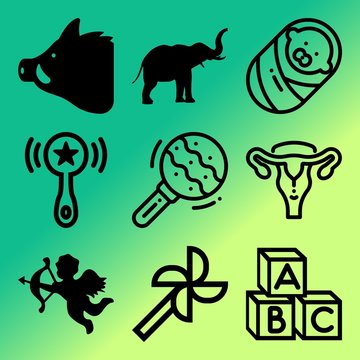 Vector icon set  about baby with 9 icons related to pork, cartoon, life, flying and human