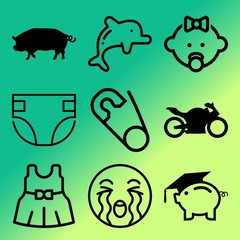 Vector icon set  about baby with 9 icons related to motorcycle, infant, healthy, fashionable and family