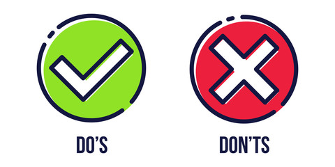 Creative vector illustration of green tick, red cross isolated on transparent background. Art design with text do and dont. Right or wrong. True or false. Abstract concept graphic element