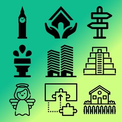 Vector icon set  about building with 9 icons related to panel, detector, security, caucasian and rent