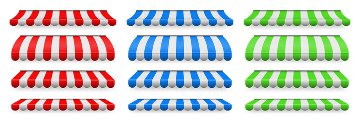 Creative vector illustration of colored striped awnings set for shop, restaurants and market store in different forms isolated on transparent background. Art design. Abstract concept graphic element