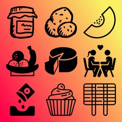 Vector icon set  about food with 9 icons related to uncooked, plate, fun, baked and cake
