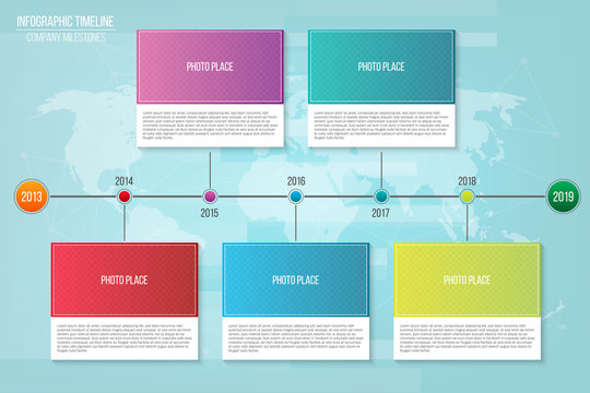 Creative vector illustration of infographic company milestones timeline template isolated on transparent background. Photo placeholders. Art design. Abstract concept process diagram, graphic element