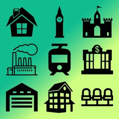 Vector icon set  about building with 9 icons related to illustration, industrial, smiling, light and processing