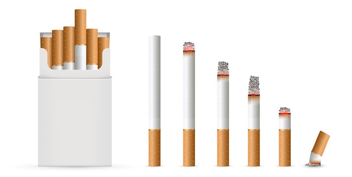 Creative vector illustration of realistic cigarette set isolated on transparent background. Art design different stages of burn. Abstract concept graphic element