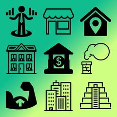 Vector icon set  about building with 9 icons related to bank, computer, large, shadow and green