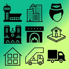 Vector icon set  about building with 9 icons related to architecture, aircraft, child, summer and tourism