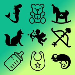 Vector icon set  about baby with 9 icons related to bib, predator, jungle, farm and wings