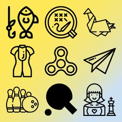 Vector icon set  about hobby with 9 icons related to rod, tackle, holiday, toy and sporting