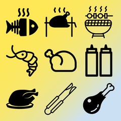 Vector icon set  about barbecue with 9 icons related to culinary, tongs, grill, thin and board