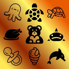Vector icon set  about animals with 9 icons related to dive, beautiful, food, bbq and rooster