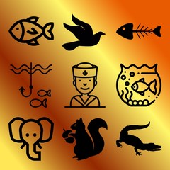 Vector icon set  about animals with 9 icons related to water, polyp, aloft, sailboat and lion