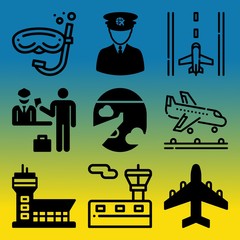 Vector icon set  about airport with 9 icons related to terminal, creative, sunset, art and audience
