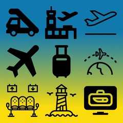 Vector icon set  about airport with 9 icons related to earth, art, nature, airliner and luggage