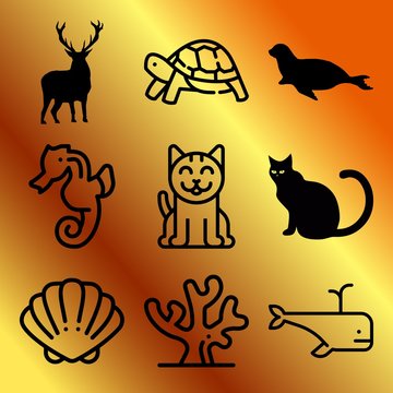 Vector icon set  about animals with 9 icons related to cat, california sea lion, face, oyster and lying