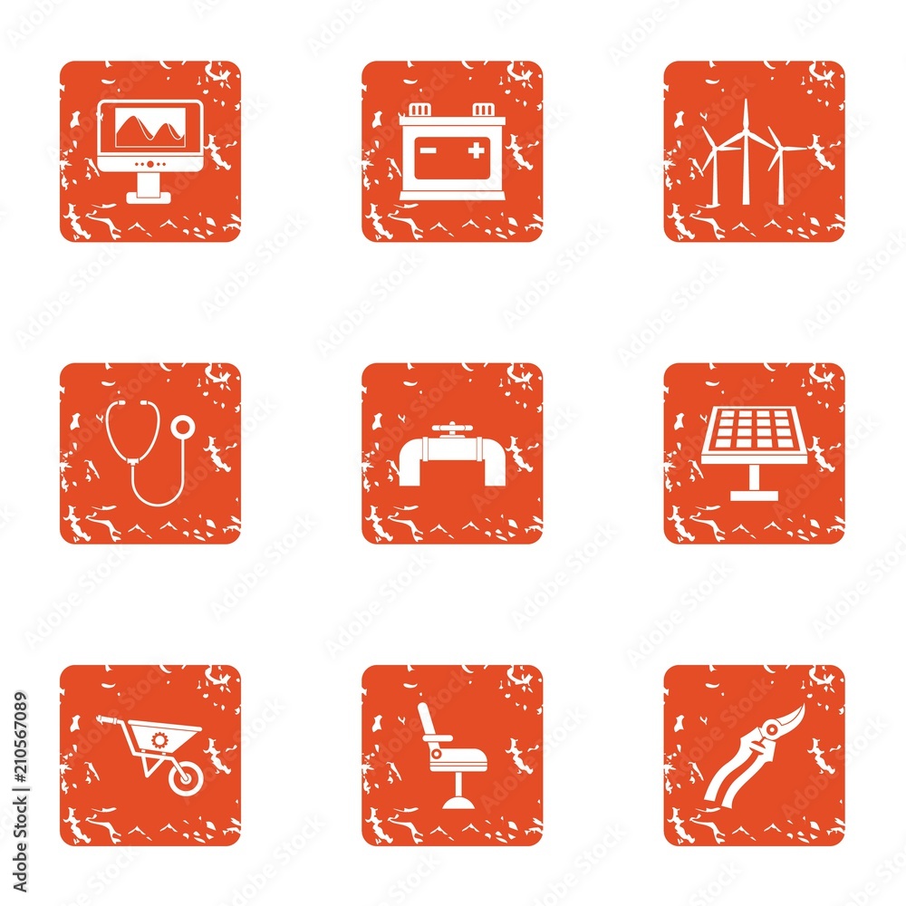 Poster energy setting icons set. grunge set of 9 energy setting vector icons for web isolated on white back