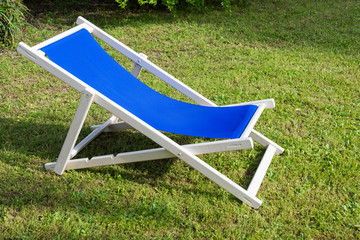 Close-up of a white and blue deckchair