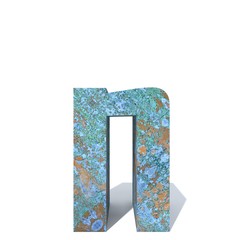 Conceptual old rusted metal font or type, iron or steel industry piece isolated white background. Educative rusty material, aged vintage surface, worn damaged paint as 3D illustration rough surface