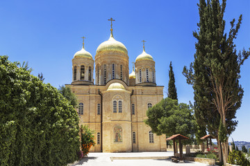 Fototapeta na wymiar The Church of all Saints in the land of the Russian brightened of the Russian Orthodox Gornensky convent of the Russian Spiritual Mission, Ein Kerem. Israel
