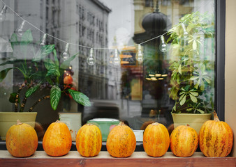 Bright Halloween decor with orange pumpkins in a modern city