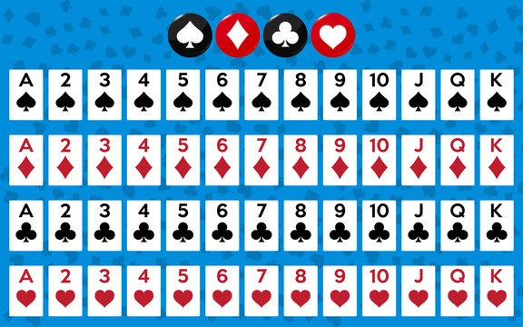 Full deck of cards for playing poker and casino. Vector illustration.