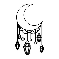 moon crescent with lamps hanging vector illustration design