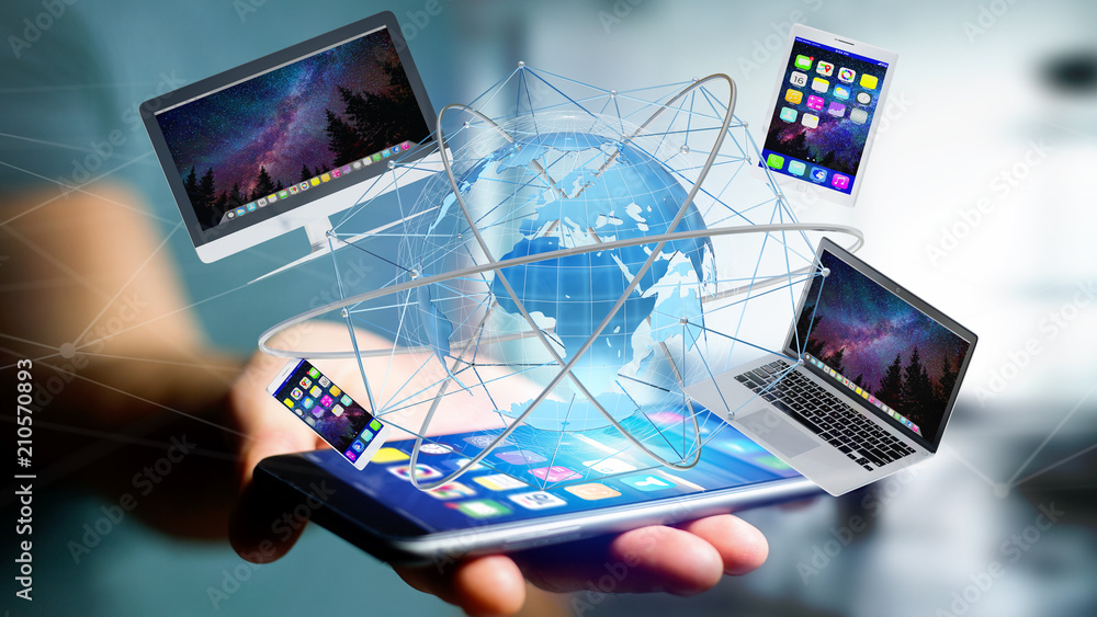 Poster view of a businessman holding a computer and devices displayed on a smartphone interface with intern