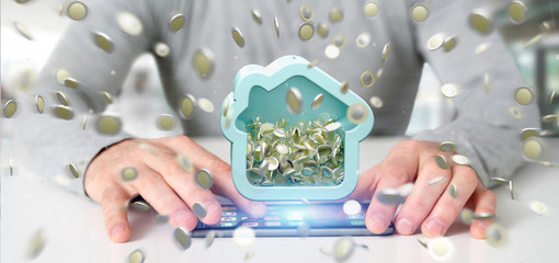 Man holding a House moneybox with coin surrounding all over 3d rendering