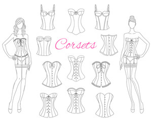Corsets collection with beautiful fashion models, vector illustration.