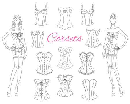 Corsets collection with beautiful fashion models, vector illustration.