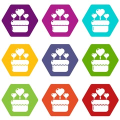 Wedding cake icons 9 set coloful isolated on white for web