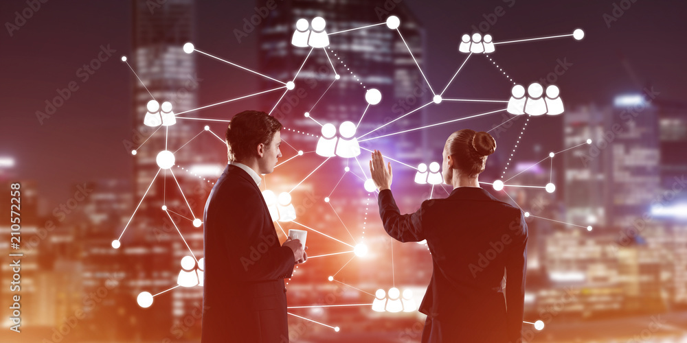 Poster concept of social connection and networking against night city view and partners working in cooperat