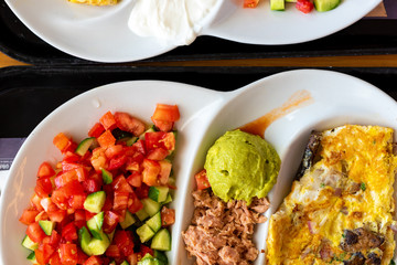 A delicious tradition Mediterranean breakfast in the port of Tel-Aviv, Israel. Selective focus.
