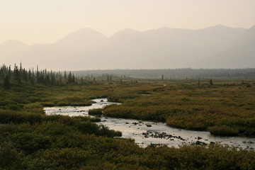 Scenic Alaskan landscape shrouded in mist