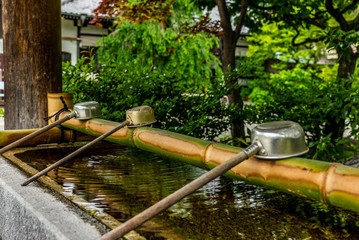Stillness at the water basin at the entrance of a shrine in Japan for the riual Temizuya...