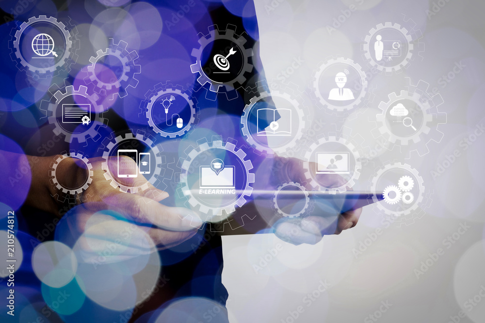 Poster double exposure of businessman hand using tablet computer with colour cloud concept
