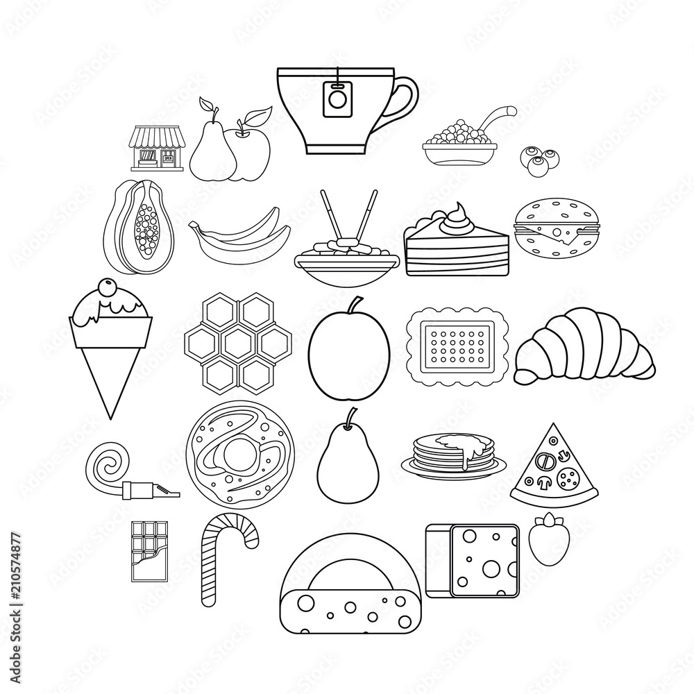 Poster delicious icons set. outline set of 25 delicious vector icons for web isolated on white background